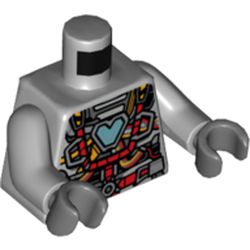 LEGO part 973c14h12pr6149 Torso, Iron Heart Armor MK I, Medium Blue 'V' Arc Reactor, Red Wires print, Light Bluish Gray Arms, Dark Bluish Gray Hands in Medium Stone Grey/ Light Bluish Gray