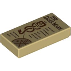 LEGO part 3069bpr0359 Tile 1 x 2 with 'The Dark Mark' Print in Brick Yellow/ Tan