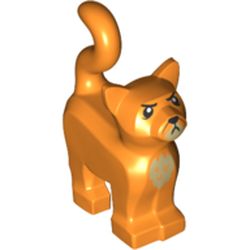 LEGO part 13786pr0024 Animal, Cat, Standing New Style with Dark Tan Chest and Muzzle, Black Nose, Angry Print in Bright Orange/ Orange