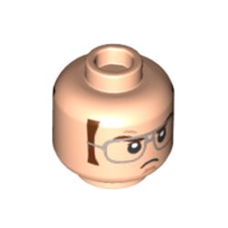 LEGO part 3626cpr3845 Minifig Head Dwight Schrute, Closed Mouth, Silver Glasses, Reddish Brown Sideburns, Angry Look print in Light Nougat