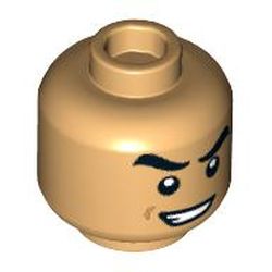 LEGO part 3626cpr3864 Minifig Head, Raised Eyebrow, Crooked Mean Smile print in Warm Tan