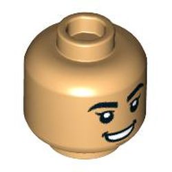 LEGO part 3626cpr3868 Minifig Head Smile, Raised Eyebrows/Angry Grin print in Warm Tan