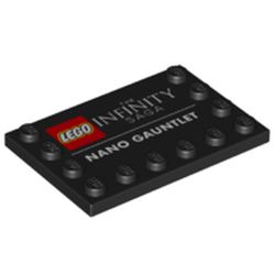 LEGO part 6180pr9996 Plate Special 4 x 6 with Studs on 3 Edges, LEGO Logo, 'THE INFINITY SAGA', and 'NANO GAUNTLET' Print in Black