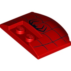 LEGO part 93604pr0010 Slope Curved 3 x 4 x 2/3 Triple Curved with 2 Sunk Studs with Black Spider, Webs print in Bright Red/ Red