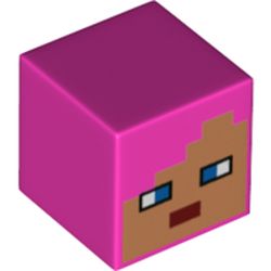 LEGO part 19729pr0059 Minifig Head Special, Cube with Minecraft Nougat Face print in Bright Purple/ Dark Pink