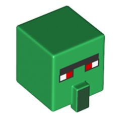 LEGO part 25047pr0060 Minifig Head Special, Cube with Nose and Villager Face with Red Eyes Print in Dark Green/ Green