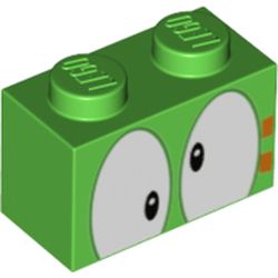 LEGO part 3004pr0097 Brick 1 x 2 with Crossed Eyes and Orange Marking Print in Bright Green