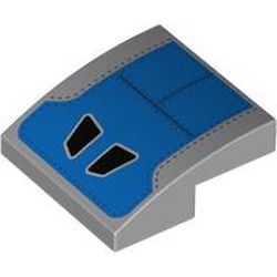 LEGO part 15068pr0065 Slope Curved 2 x 2 x 2/3 with Blue Shape, Ribbits, Black Air Intakes print in Medium Stone Grey/ Light Bluish Gray