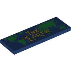 LEGO part 69729pr0014 Tile 2 x 6 with Green World Map, Yellow 'The World' print in Earth Blue/ Dark Blue