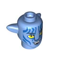 LEGO part 1576pr0007 Minifig Head Special Alien Na'vi with Yellow Eyes, Blue Markings, Open Mouth Smile, Teeth print in Medium Blue