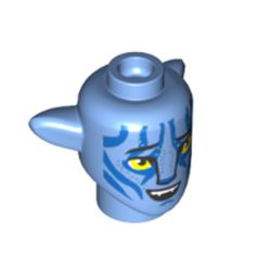 LEGO part 1576pr0008 Minifig Head Special Alien Na'vi with Yellow Eyes, Blue Markings, Open Mouth Smile print in Medium Blue