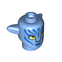 LEGO part 1576pr0003 Minifig Head Special Alien Na'vi with Yellow Eyes, Blue Markings, Blue Lips Smile print in Medium Blue