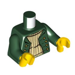 LEGO part 973c35h01pr6250 Torso, Jacket, Tan Sweater print, Dark Green Arms, Yellow Hands in Earth Green/ Dark Green