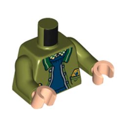 LEGO part 973c20h02pr6266 Minifig Torso with Jacket, Blue Sweater, Dark Green Trim, Lollipop in Pocket print, Olive Green Arms, Light Nougat Hands in Olive Green