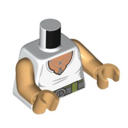 LEGO part 973c70h70pr6289 Torso, White Shirt, Pendant, Light Bluish Grey Belt with Olive Green Straps print, Warm Tan Arms and Hands in White
