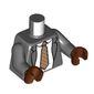 Torso, Jacket, White Shirt, Dark Tan Tie with Red/Green Dots print, Dark Bluish Gray Arms, Reddish Brown Hands