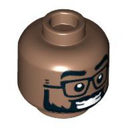 LEGO part 3626cpr3881 Minifig Head, Black Glasses, Thick Beard, Smile with Teeth/'O' Mouth, Raised Eyebrow print in Medium Brown