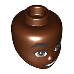LEGO part 92198pr0349 Minidoll Head Thick Black Eyebrows, Open Mouth Smile, Teeth print in Reddish Brown