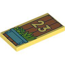 LEGO part 87079pr0295 Tile 2 x 4 with Fence, Flower Bed, Bright Light Yellow '23' print in Cool Yellow/ Bright Light Yellow