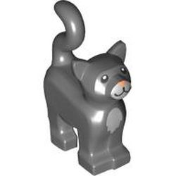 LEGO part 13786pr0007 Animal, Cat, Standing New Style with White Muzzle and Chest and Coral Nose Print in Dark Stone Grey / Dark Bluish Gray