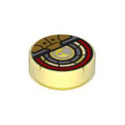 LEGO part 98138pr0346 Tile Round 1 x 1 with Mech Eye print in Transparent Yellow/ Trans-Yellow