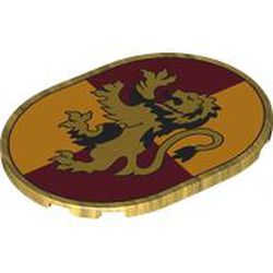 LEGO part 65474pr0009 Tile 6 x 8 with Rounded Corners with Gryffindor Crest print in Warm Gold/ Pearl Gold