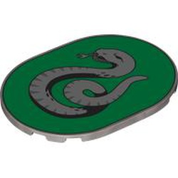 LEGO part 65474pr0010 Tile 6 x 8 with Rounded Corners with Slytherin Crest print in Silver Metallic/ Flat Silver
