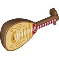 LEGO part 80503pr0002 Musical Instrument Lute with White Strings , Gold Decorations on Bright Light Yellow/Dark Red Background print in Medium Nougat
