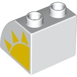 LEGO part 11170pr0019 Duplo Brick 2 x 2 x 1 1/2 with Curved Top with Yellow Sun print in White