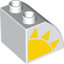 LEGO part 11170pr0020 Duplo Brick 2 x 2 x 1 1/2 with Curved Top with Yellow Sun print in White