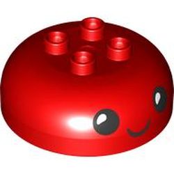 LEGO part 98220pr0001 Duplo Brick Round 4 x 4 Dome Top with 2 x 2 Studs with Black Face, Smiling print in Bright Red/ Red