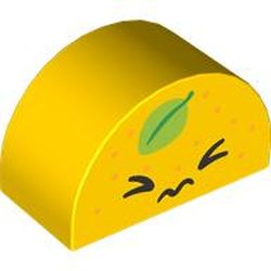 LEGO part 31213pr0037 Duplo Brick 2 x 4 x 2 Curved Top with Face, Closed Eyes, Green Leaf print in Bright Yellow/ Yellow