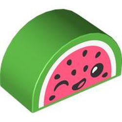 LEGO part 31213pr0032 Duplo Brick 2 x 4 x 2 Curved Top with Watermelon, Winking Face print in Bright Green