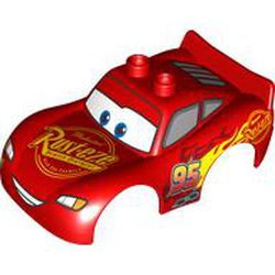 LEGO part 88765pr0005 Duplo Car Body 2 Top Studs & Spoiler with Lightning McQueen Rust-Eze, and Wide Eyes and Smile Print in Bright Red/ Red