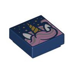 LEGO part 3070bpr0281 Tile 1 x 1 with Metallic Bright Pink Unicorn Manes, Horn, Gold Stars print in Earth Blue/ Dark Blue