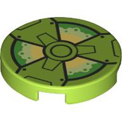 LEGO part 14769pr1257 Tile Round 2 x 2 with Green/Yellow Biohazard Logo print in Bright Yellowish Green/ Lime