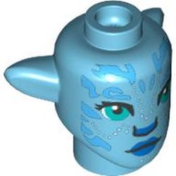LEGO part 1576pr0153 Minifig Head Special Alien Na'vi with Dark Turquoise Eyes, Dark Azure Markings, Dark Azure Lips print in Medium Azure