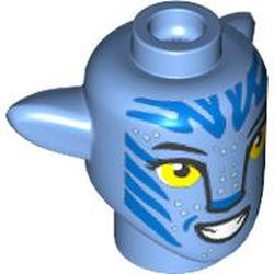 LEGO part 1576pr0154 Minifig Head Special Alien Na'vi with Yellow Eyes, Dark Blue Markings print in Medium Blue