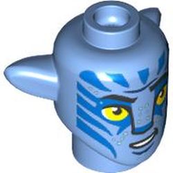 LEGO part 1576pr0157 Minifig Head Special Alien Na'vi with Yellow Eyes, Blue Markings, Open Mouth Smile print in Medium Blue