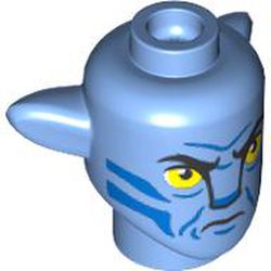 LEGO part 1576pr0159 Minifig Head Special Alien Na'vi with Yellow Eyes, Blue Markings, Angry print in Medium Blue