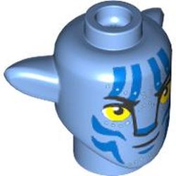 LEGO part 1576pr0163 Minifig Head Special Alien Na'vi with Yellow Eyes, Blue Markings, Smirk print in Medium Blue