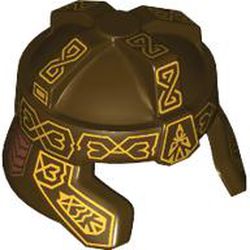 LEGO part 2675pr0001 Helmet Dwarf, Cheek Protection and Flared Front with Gold and Copper Decorations print in Dark Brown