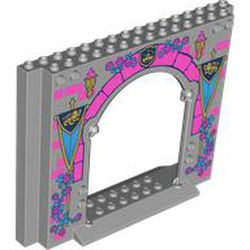 LEGO part 15626pr0013 Panel 4 x 16 x 10 with Dark Pink Arch, Flowers, Banners with Lions Print in Medium Stone Grey/ Light Bluish Gray