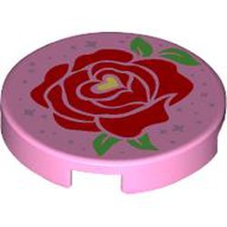 LEGO part 14769pr1261 Tile Round 2 x 2 with Red Rose, Bright Light Yellow Heart Center print in Light Purple/ Bright Pink
