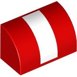 LEGO part 37352pr0017 Brick Curved 1 x 2 x 1 No Studs with White Stripe Print in Bright Red/ Red