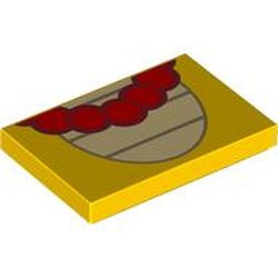 LEGO part 26603pr0101 Tile 2 x 3 with Red Lei, Tan Stripes in Oval Print (Koopa Stomach) in Bright Yellow/ Yellow