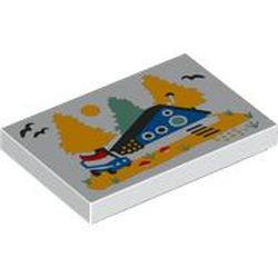 LEGO part 26603pr0108 Tile 2 x 3 with Painting of Cabin, Trees, Birds, Car print in White