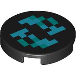 LEGO part 14769pr1255 Tile Round 2 x 2 with Bottom Stud Holder with Pixelated Dark Turquoise and Dark Azure Squares Print in Black