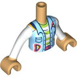 LEGO part 92456c06pr0469 Minidoll Torso Girl with Medium Blue Jacket, Coral Pockets, Belt, White/Lime Striped Shirt, Warm Tan Arms and Hands in White