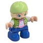 Duplo Figure Child with Hair and Bike Helmet Yellowish Green, Blue Legs, Jacket, Music Note Print